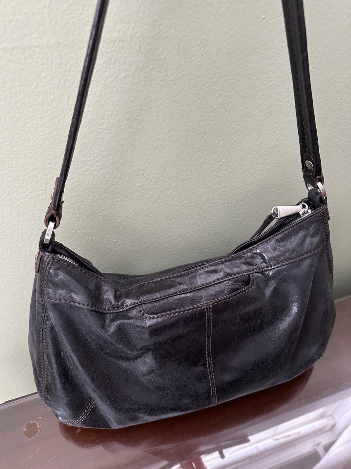 VTG Y2K Leather Hobo Zip Top Shoulder Bag Purse Dark Gray Black Brown Stitching