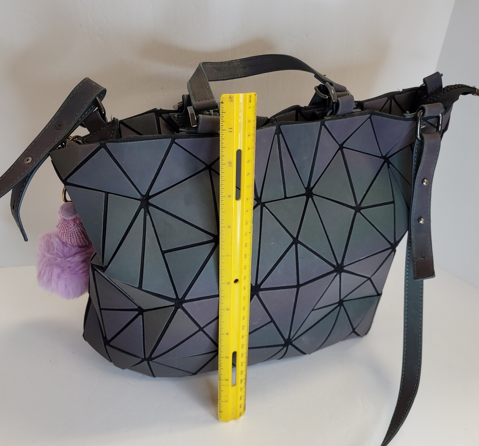 Harlermoon Geometric Luminous Purse Metallic with Fuzzy Fluffy Pom Baby Keyring