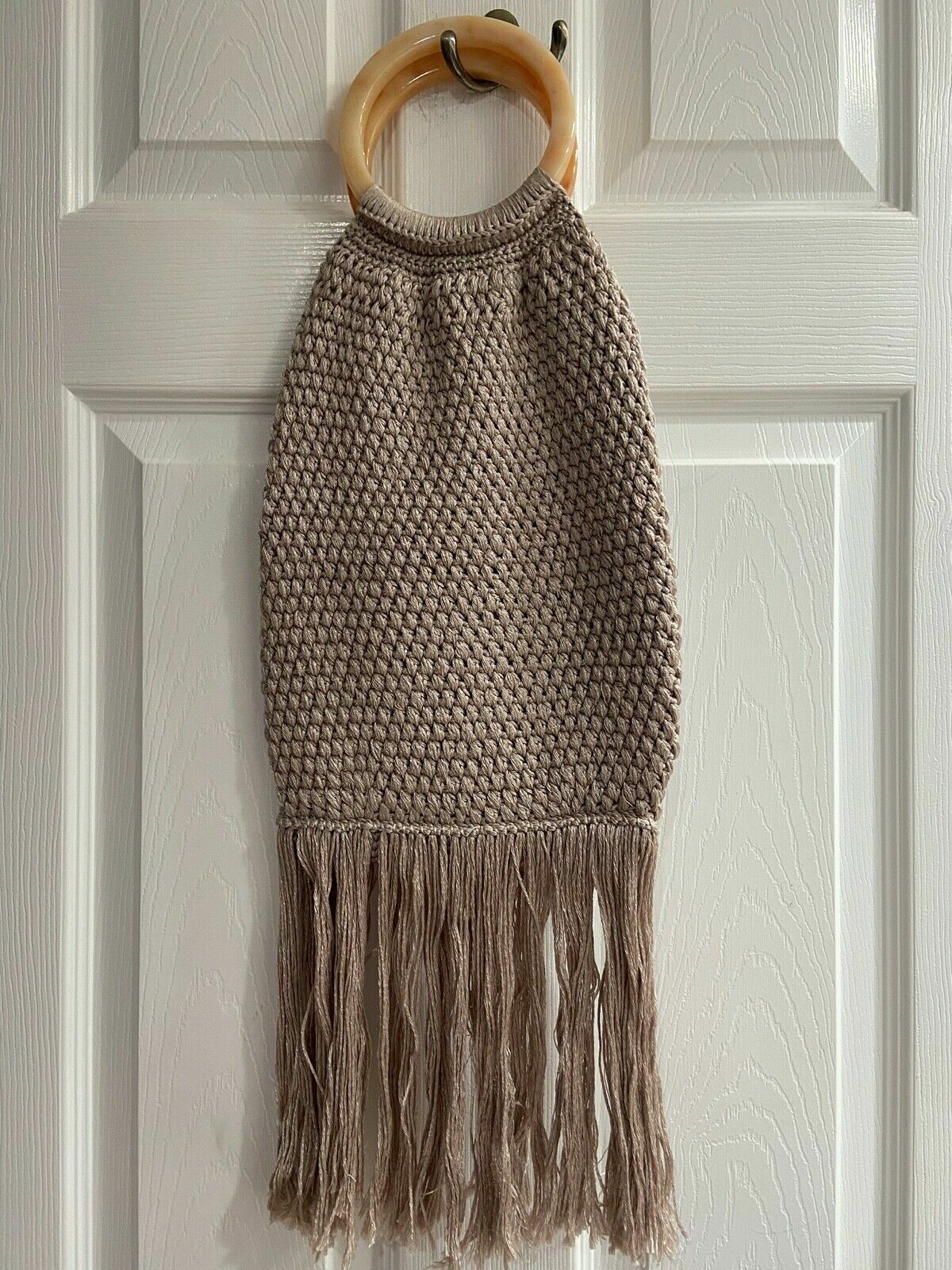 Binge Fringe Boho Knitted Small Handbag COLOR SAND Dual Handle Handmade NIP