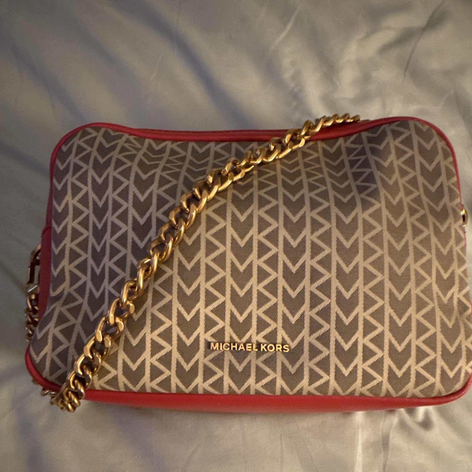 NWT Michael Kors Logo Crossbody Bag Brown/Red Gold Hardware Dual Zips Detachable