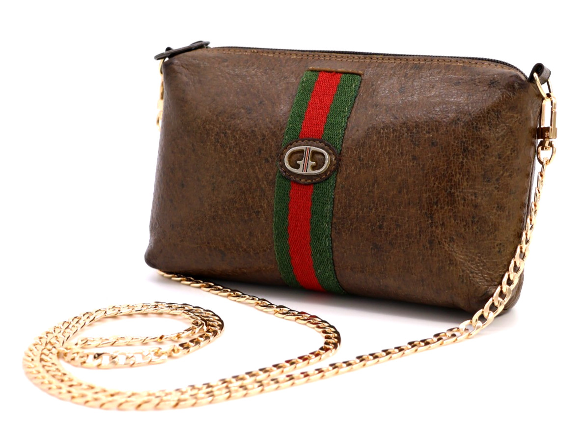 GUCCI VINTAGE Web Stripe Shoulder Bag Chain Strap Leather Brown Rare Authentic