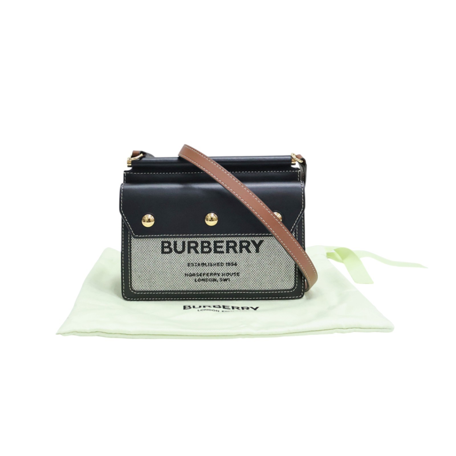 BURBERRY Mini Horseferry Shoulder Bag Grey Canvas Black Calfskin 8042852