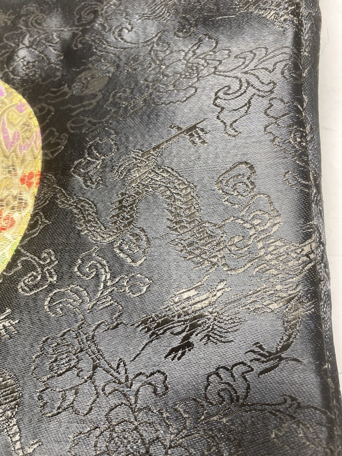 Womens Chinese Embroidered Black Silk Traditional Circular Motif Tote Bag