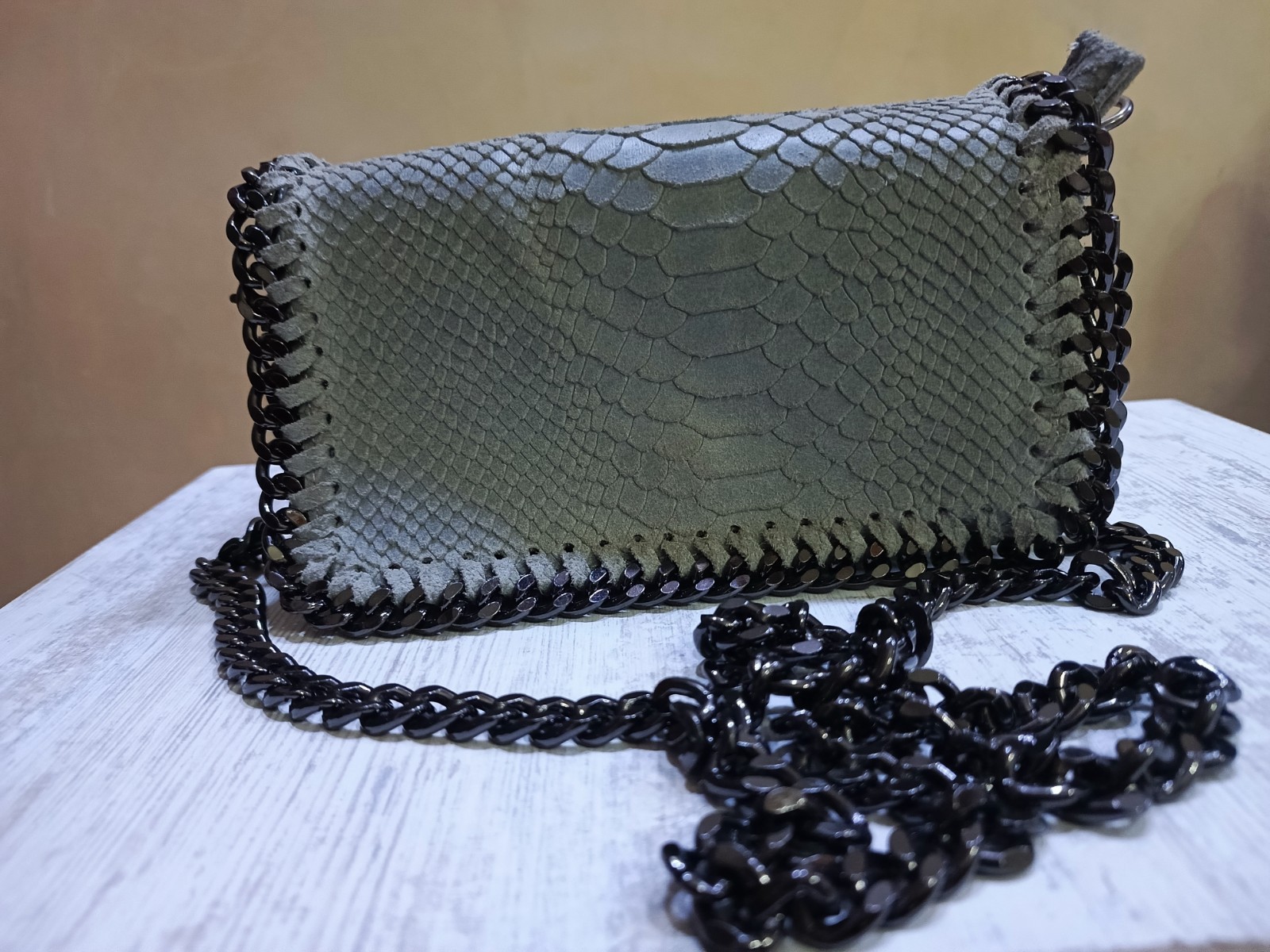 Borse in Pelle Italy Genuine Leather Crossbody Bag Grey Snake Embossed Clutch