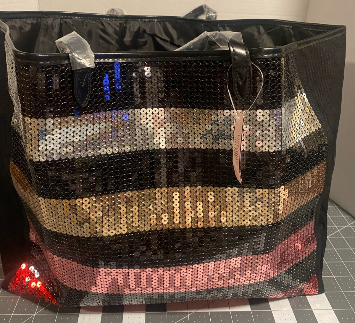 Victoria’s Secret Large Black Canvas Tote Bag Sequin Multicolor Stripes Logo NWT