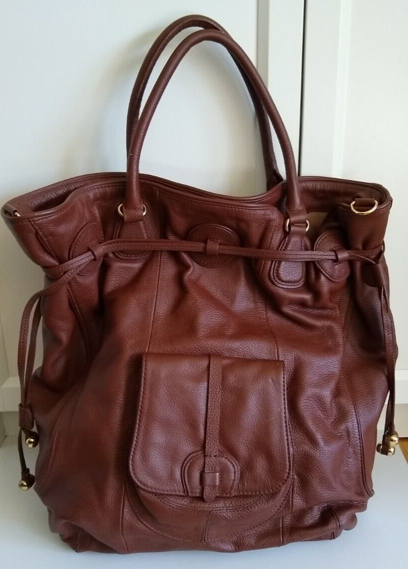 ISAAC MIZRAHI LIVE! Brown Leather Double Handle Tote Satchel Drawstring Handbag
