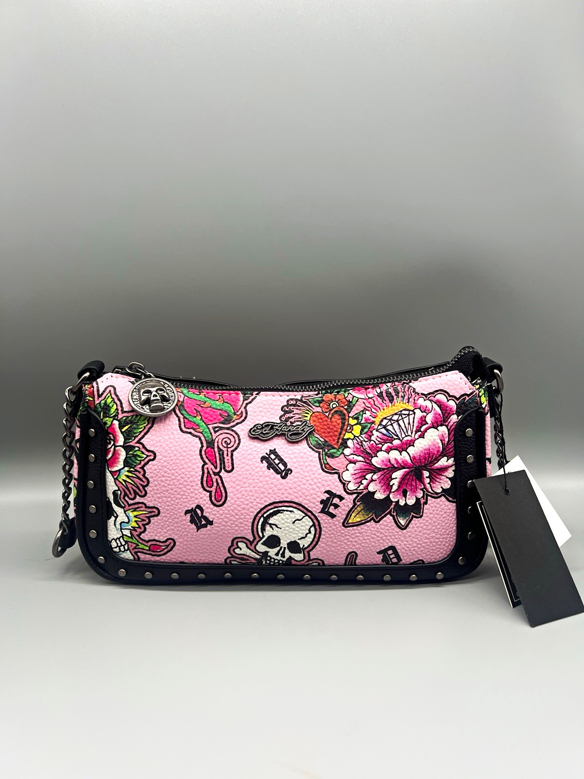 Ed Hardy Pink Skull Floral Small Shoulder Bag Zip Studded Adjustable Det Strap