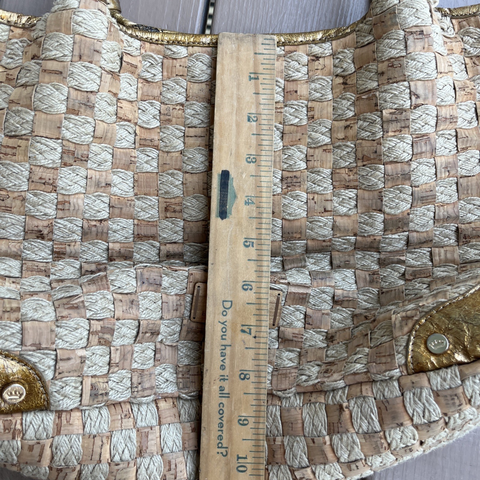 ELAINE TURNER Woven Cork Rope Tote Shoulder Bag Gold Leather Handles Boho