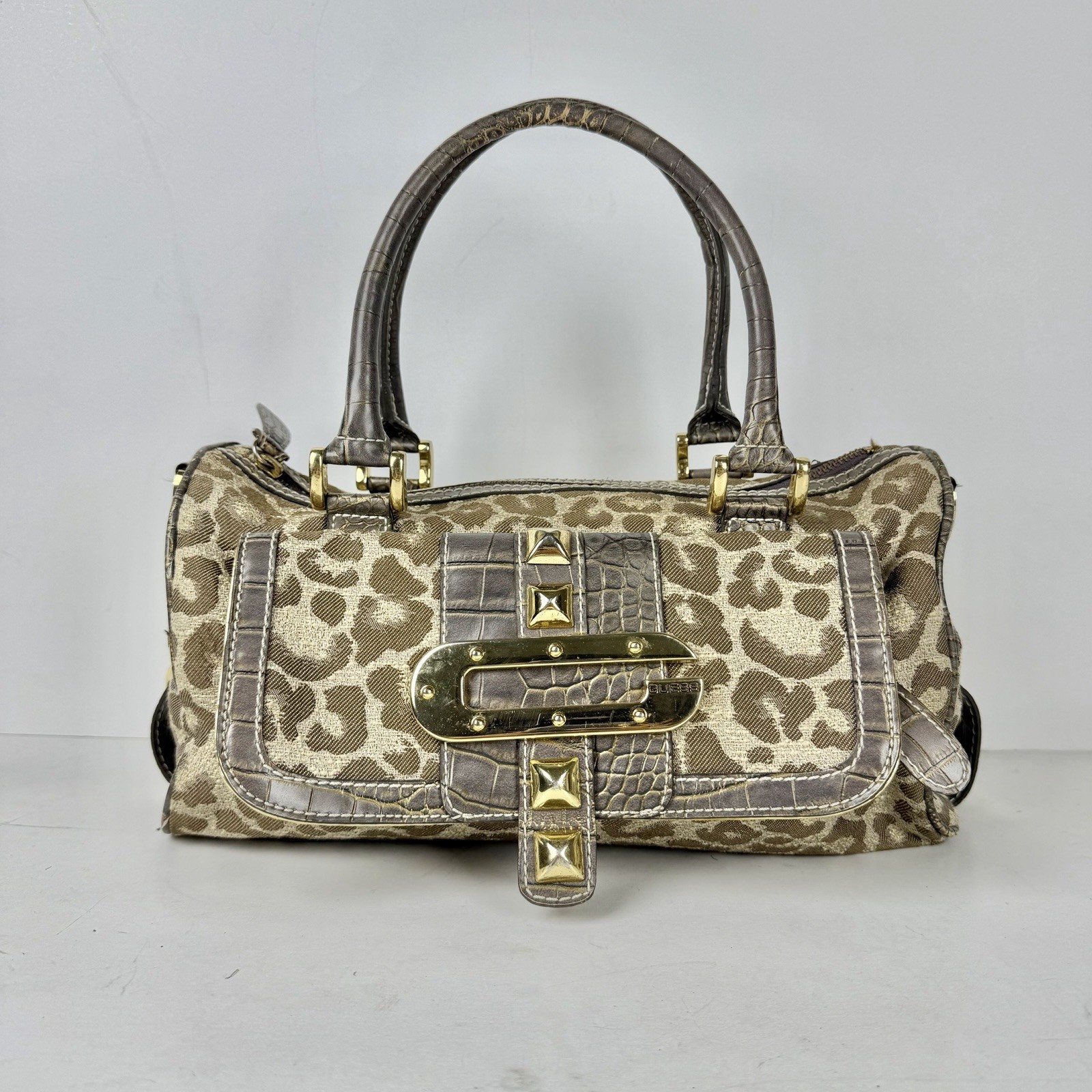 Guess Vintage Leopard Print Croc Trim Studded Satchel Gold Hardware Logo Handbag
