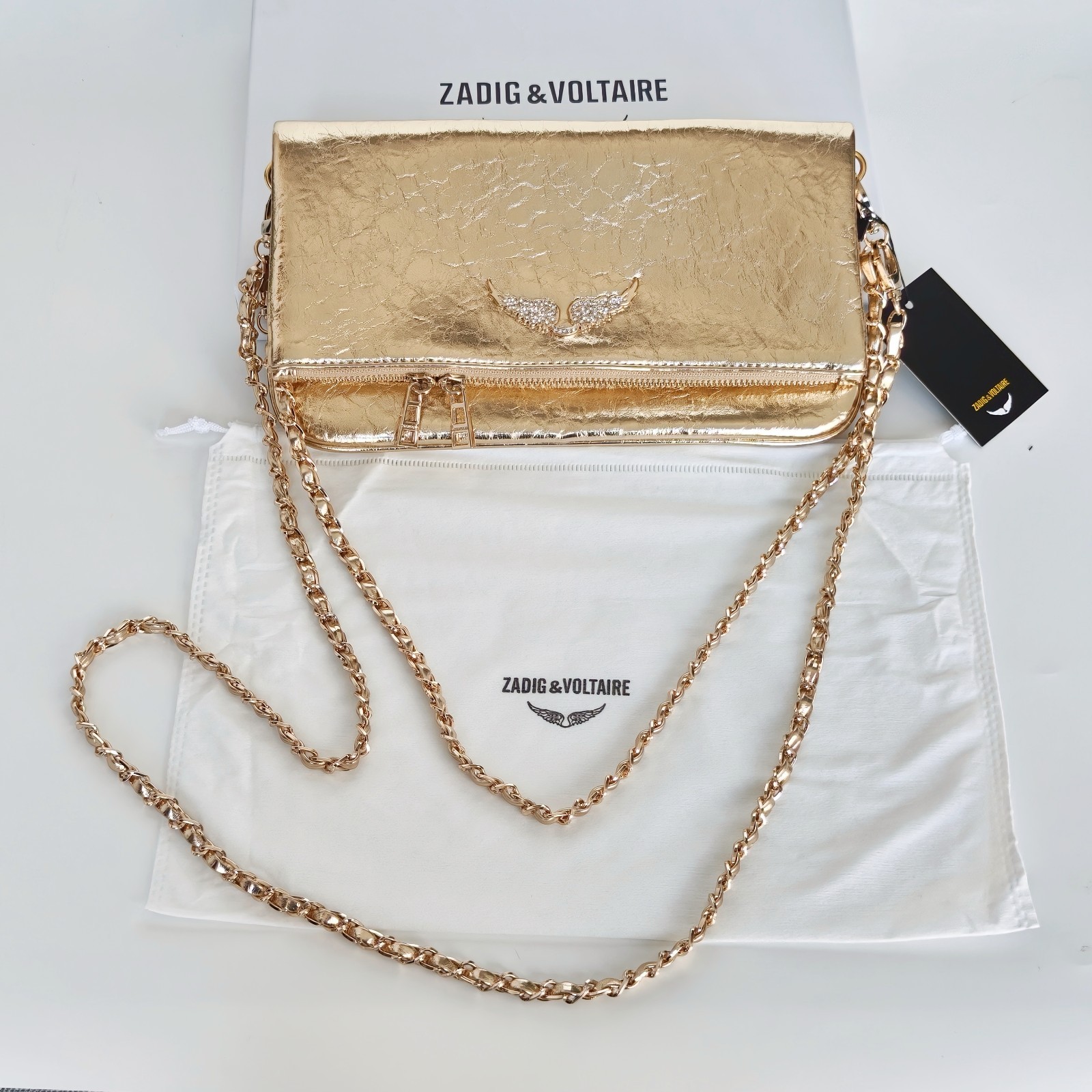 Zadig & Voltaire Rock Wing Gold Crinkled Bag Crystal Wing Crossbody 27x15cm