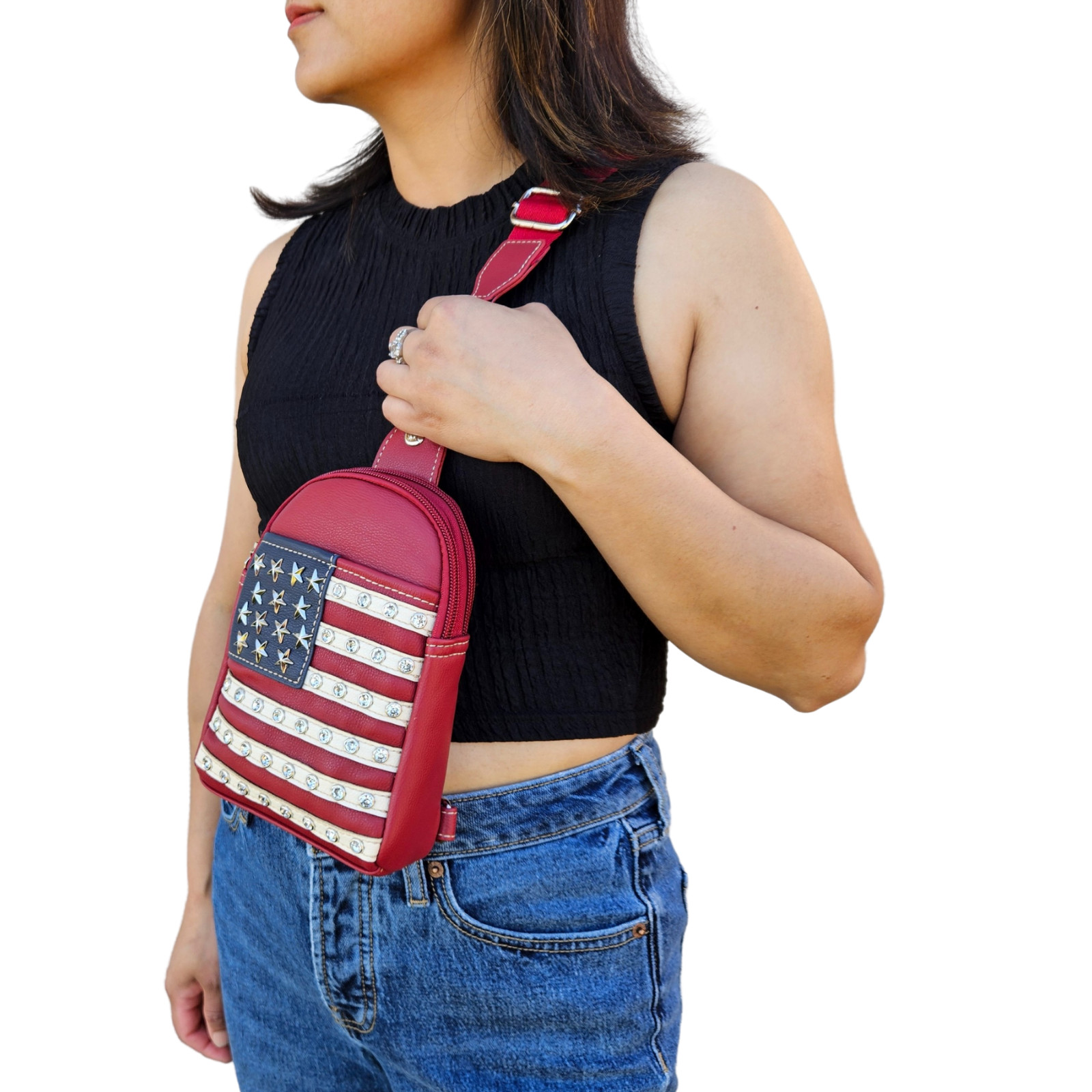 American Flag Western Sling Crossbody Bag Rhinestone Studs Patriotic Purse Red