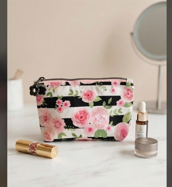 Handmade Floral Pink and Black Striped Zipper Pouch Cosmetic Bag