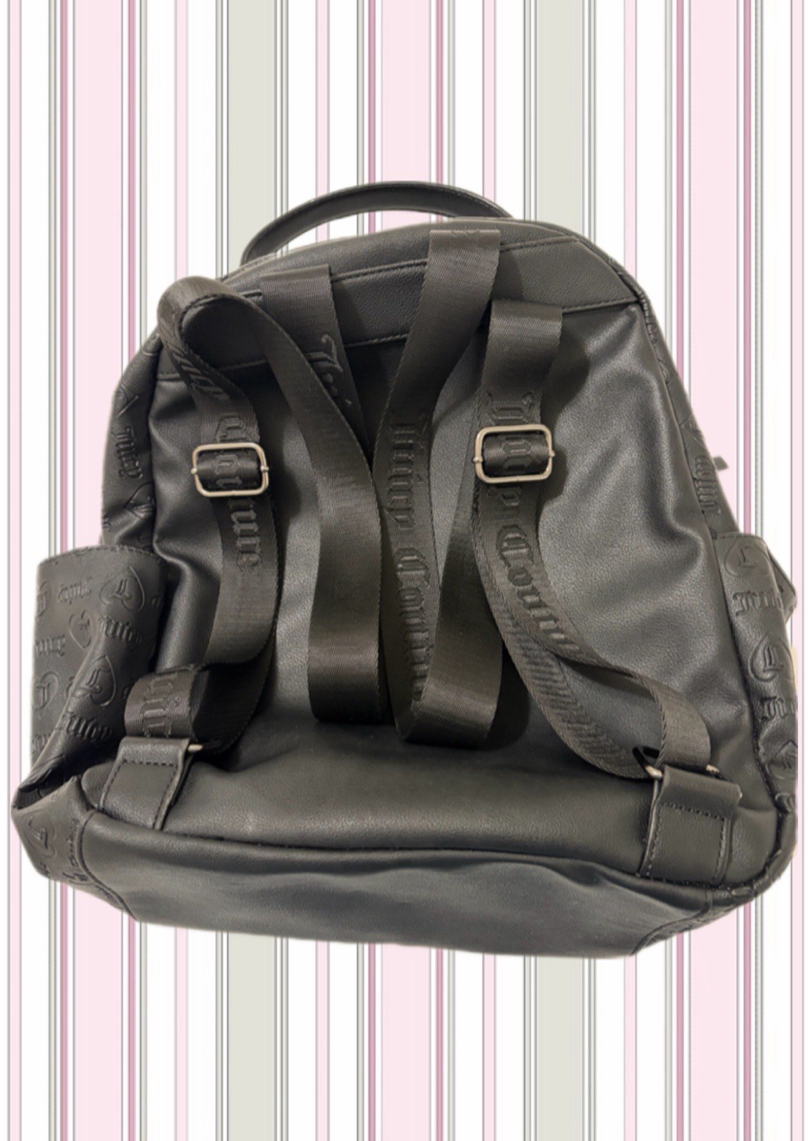 Juicy Couture Black Logo Embossed Backpack Purse, Zip, Charm, Pockets