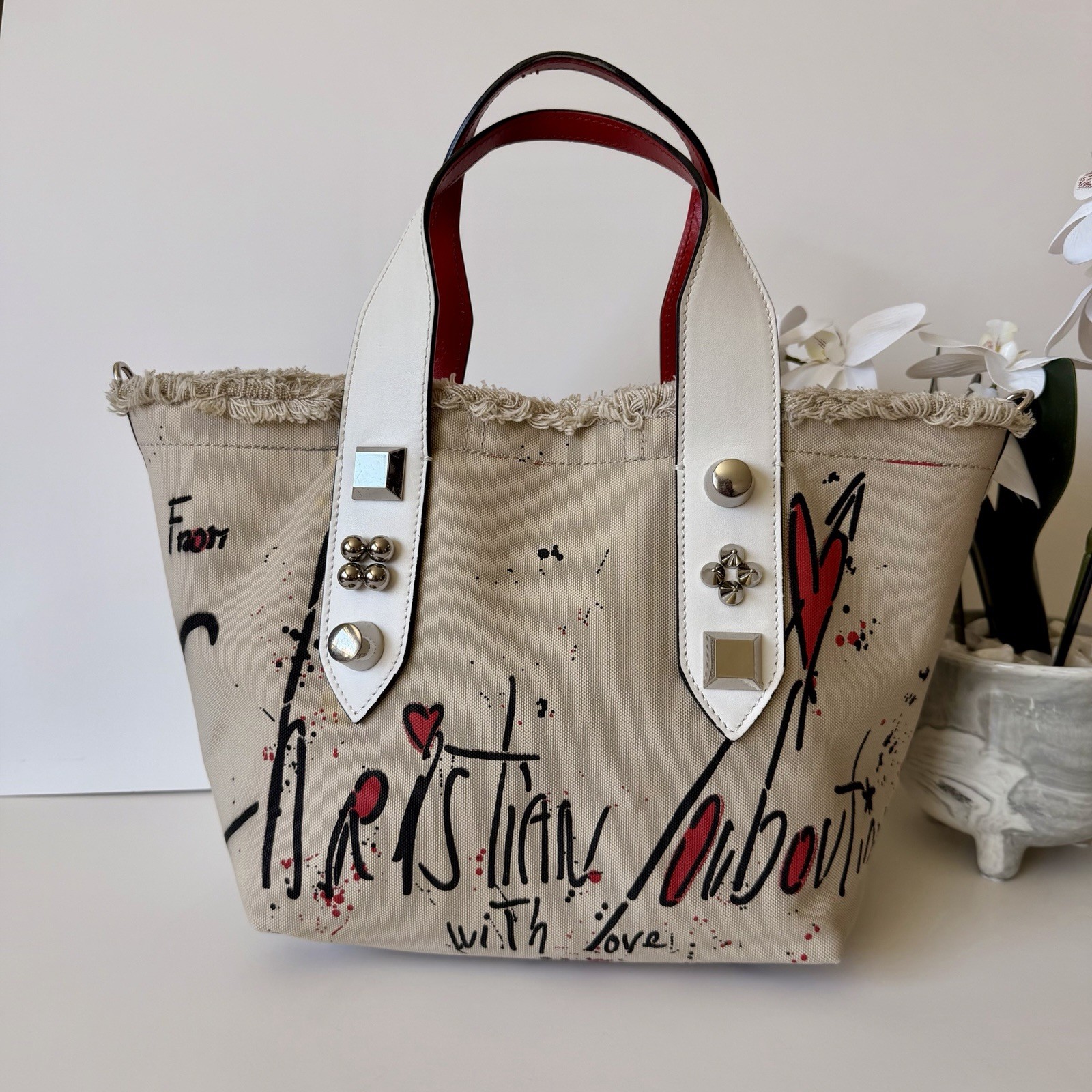 Christian Louboutin Frangibus Small Canvas Tote Graffiti White Red Crossbody