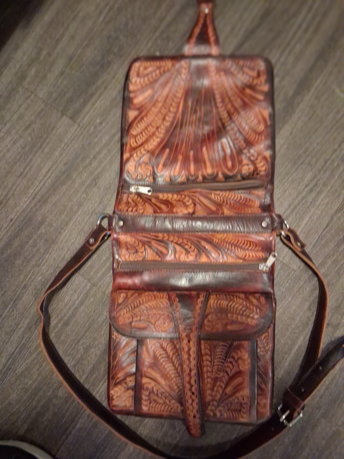 Brown Tooled Embossed Crossbody Bag Buckle Flap Detachable Strap Zip Pockets
