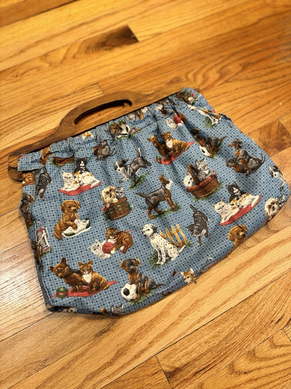 Puppy & Kitty Cute Purse With Wooden Top Handle Fabric