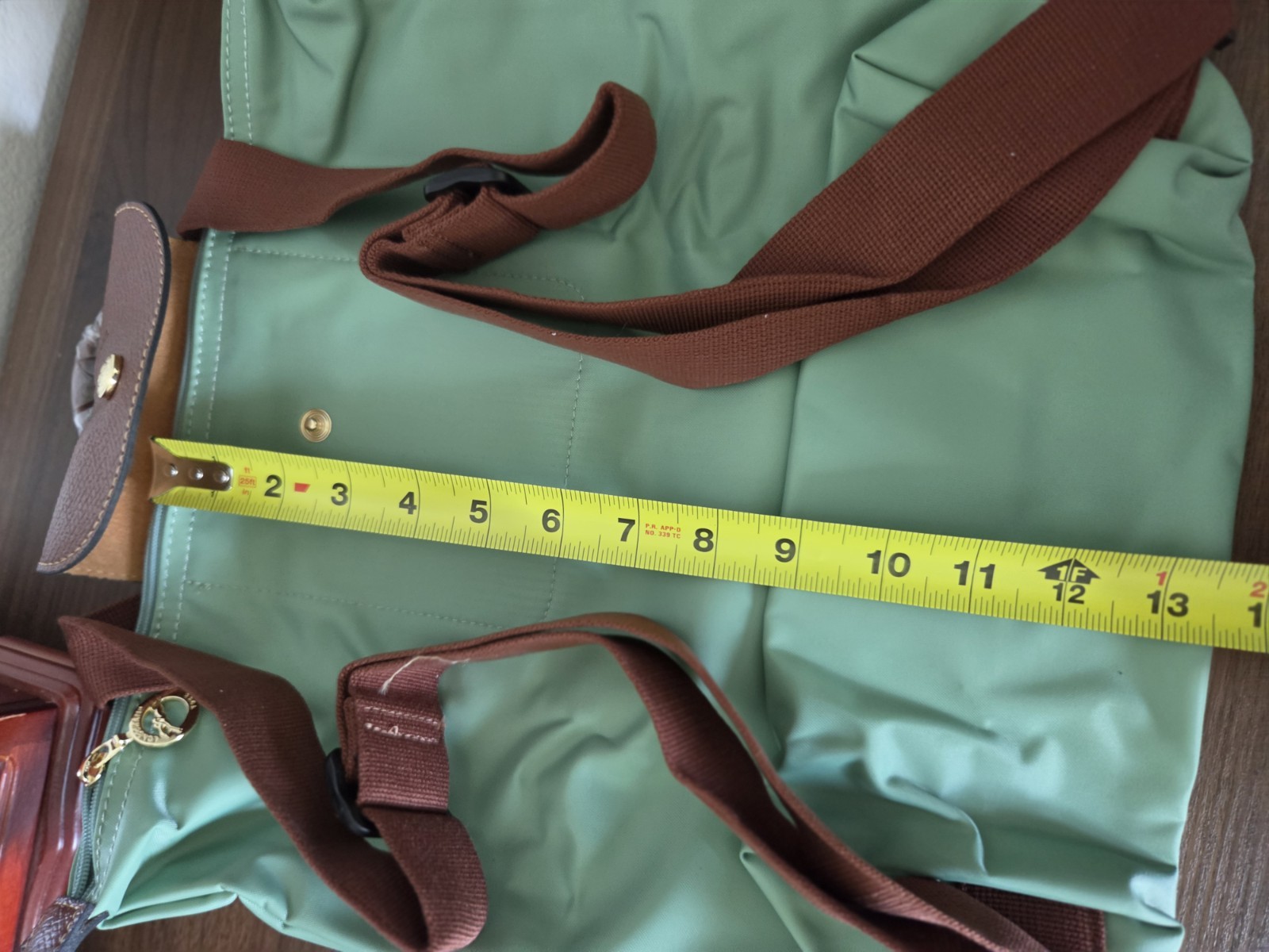 Longchamp Le Pliage Green Backpack Zip Snap Gold Hardware Brown Straps