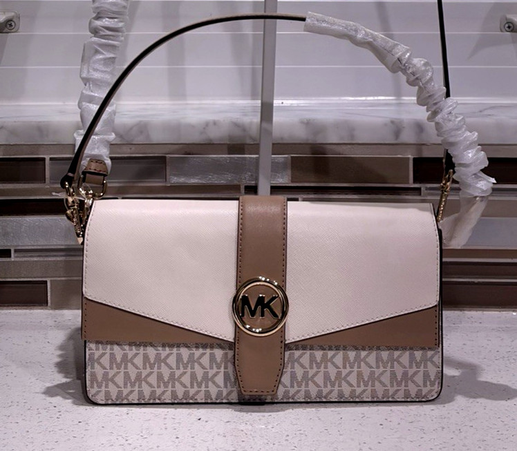 MICHAEL KORS GREENWICH MEDIUM FLAP SHOULDER CROSSBODY BAG MK CREAM BROWN LOGO