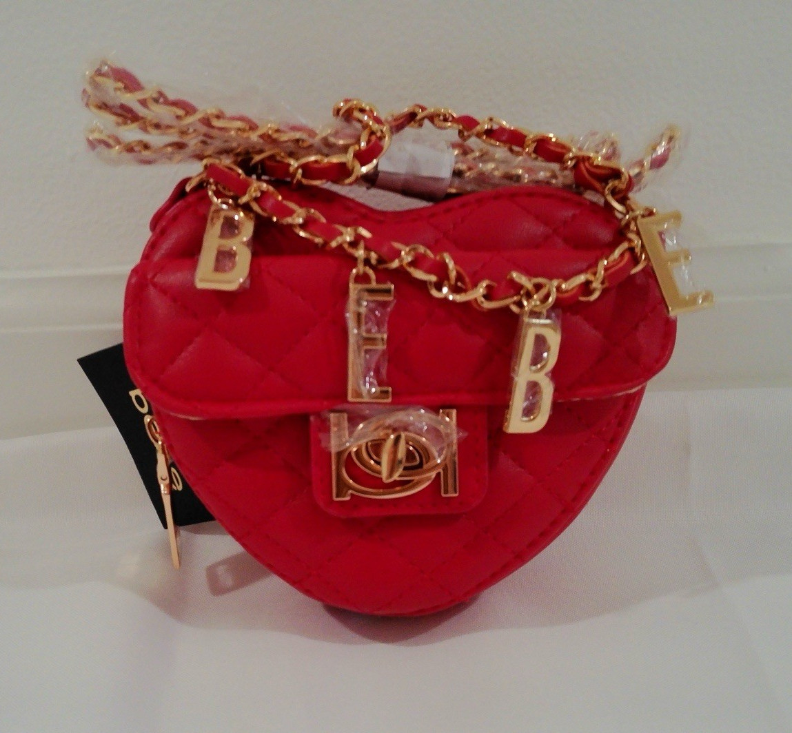 bebe Red Quilted Heart Crossbody Bag Gold Chain Strap Turn Lock Detachable