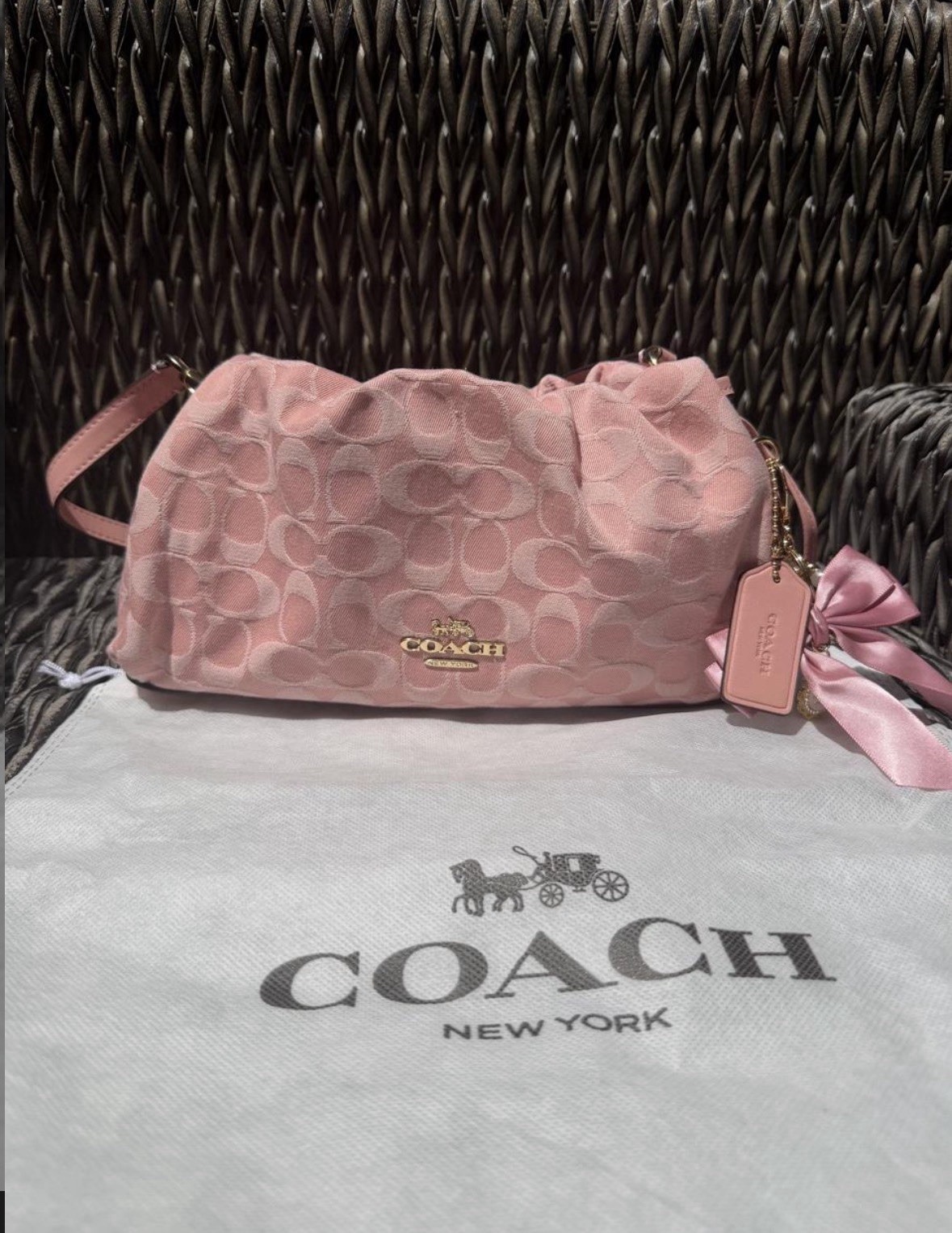 Faye Coach pink bag with Adjustable Strap and Bow Charm