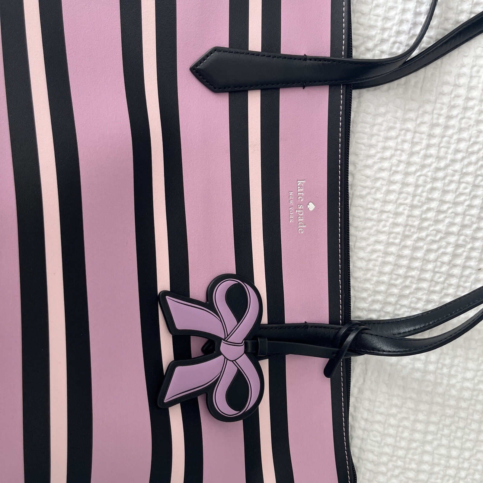 Kate Spade Cassy Ottoman Stripe Leather Tote Large Shoulder Bag Pink Multi NWT
