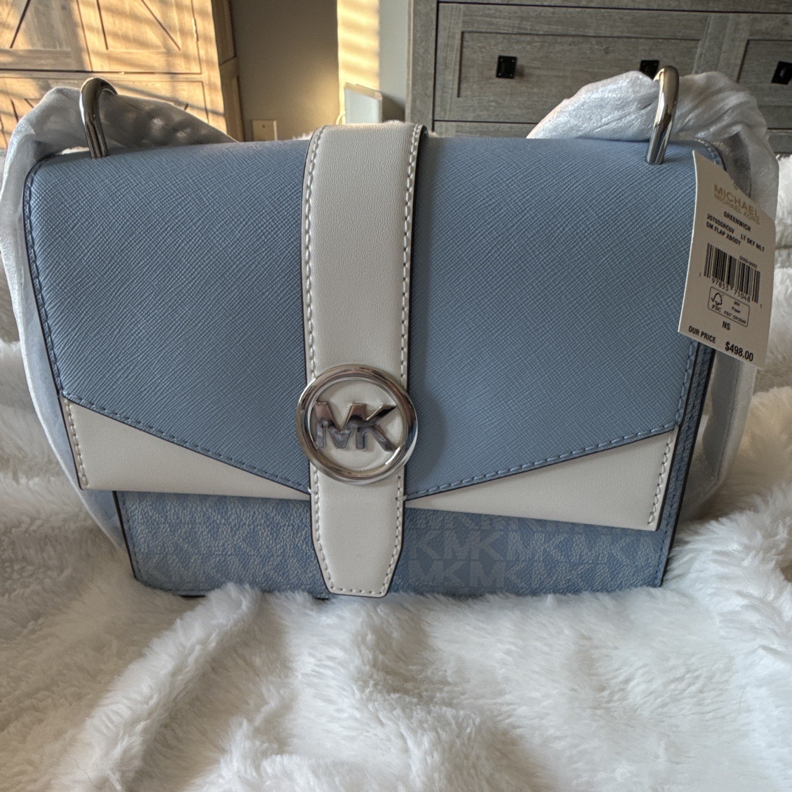 Michael Kors Logo Flap Small Crossbody Bag Magnetic Closure Blue White