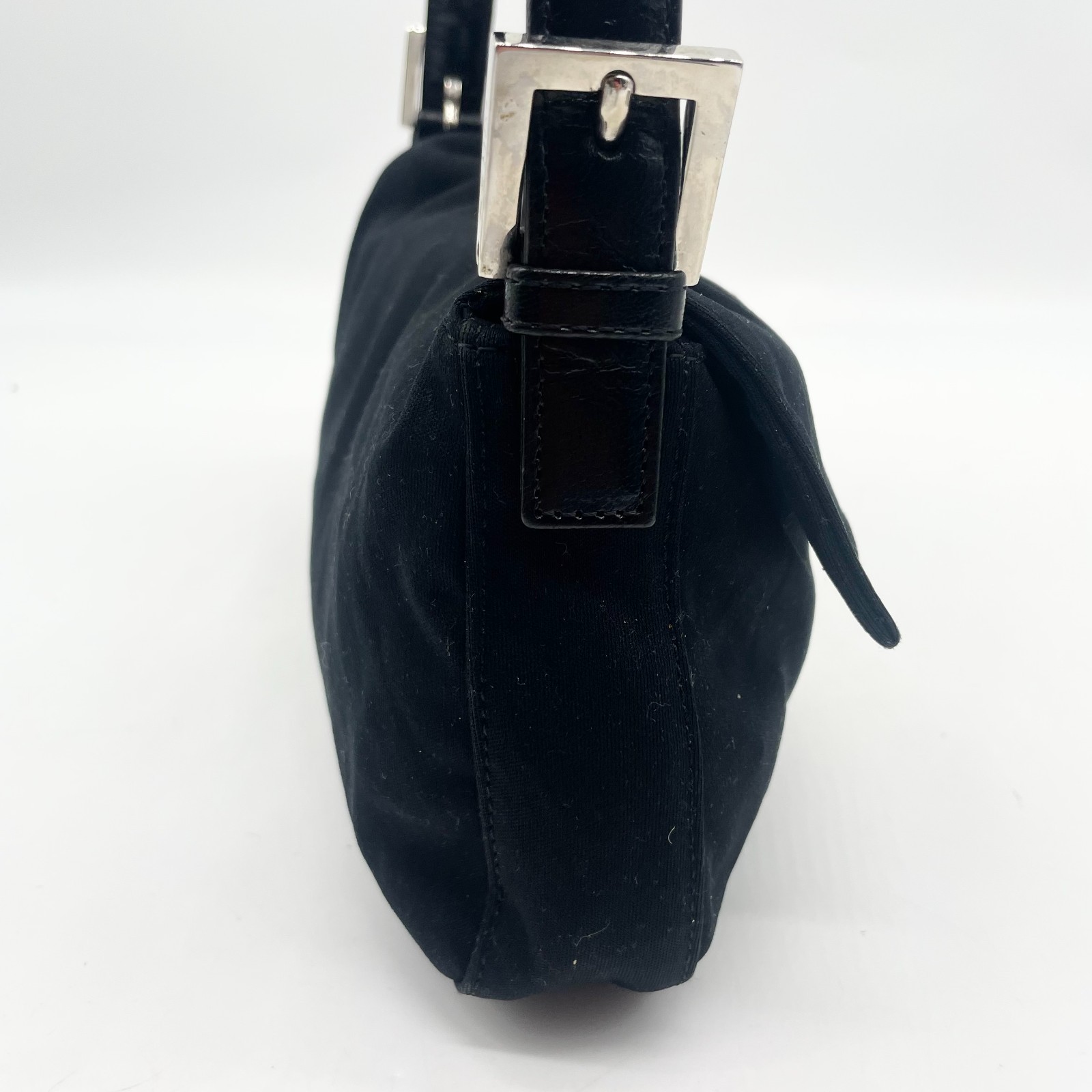 FENDI Shoulder bag Mamma Baguette FF logo Handbag Black Leather Cotton Auth