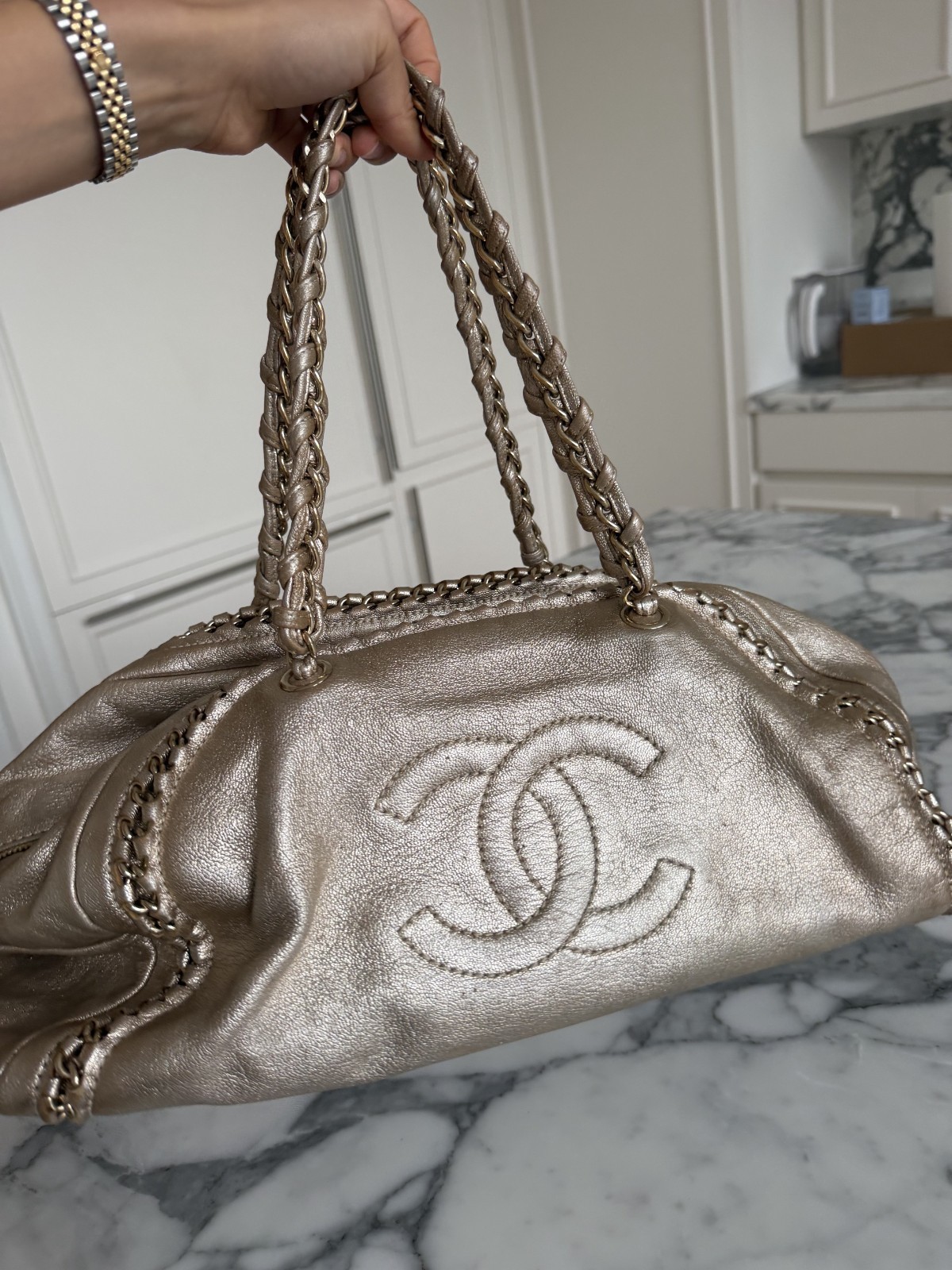 Champagne Gold Chanel Luxury Line Vintage Luxe Ligne Bowler