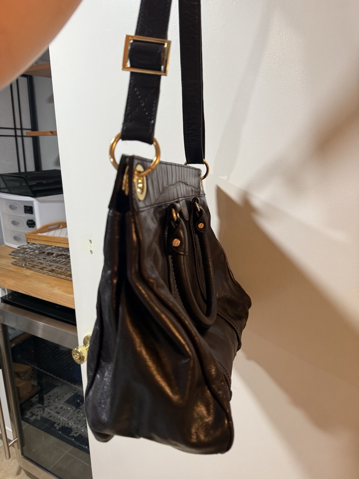 Badgley Mischka Black Satchel Top Handle Bag Zip Gold Hardware Pockets