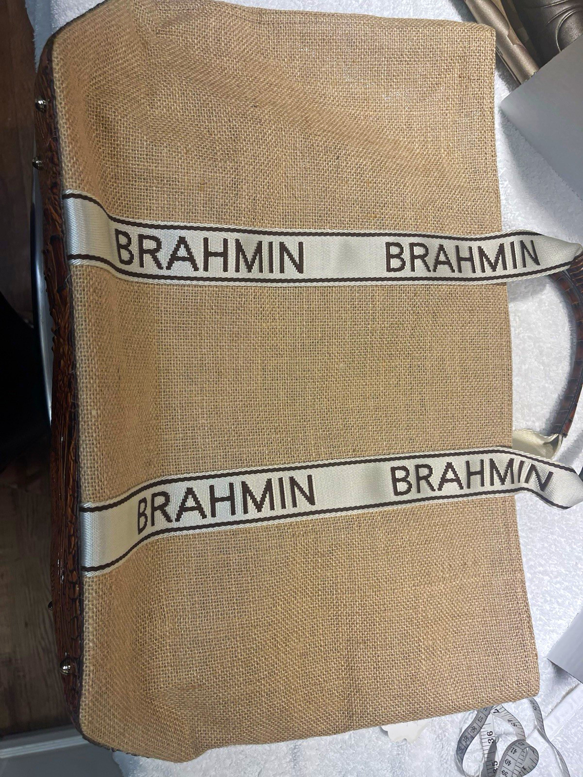 Brahmin Beige/Brown Large Tote Bag Zip Top Logo Straps Inner Pockets Card