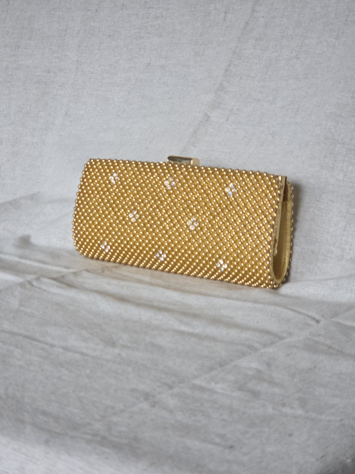 Gold Beaded Clutch Evening Bag Rhinestone Accent Chain Strap Vintage