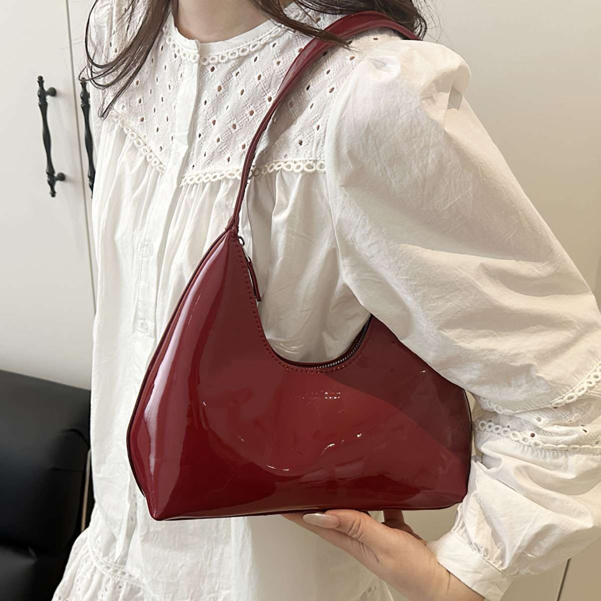 Women Shoulder Bag PU Leather Solid Handbag Patent Underarm Tote Purse Fashion