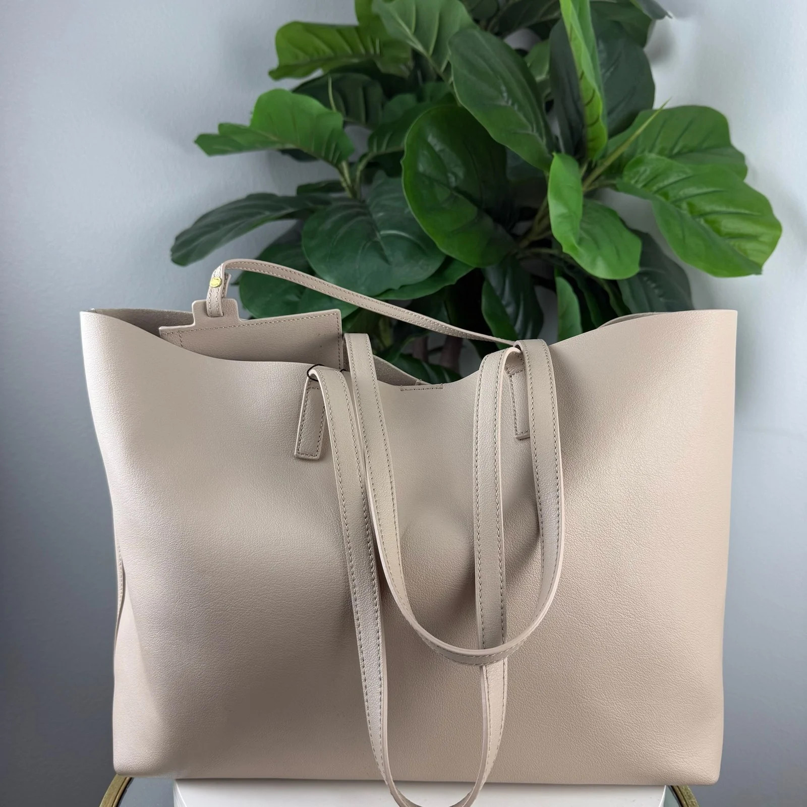 Authentic Saint Laurent Shopping Tote Beige Leather with Pouch