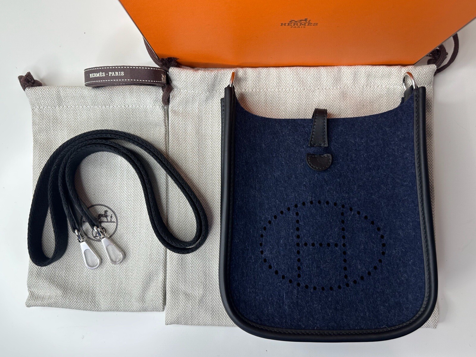 NEW Hermes Mini Evelyn Swift Calfskin Wooly Canvas Bleu Nuit Silver Hardware