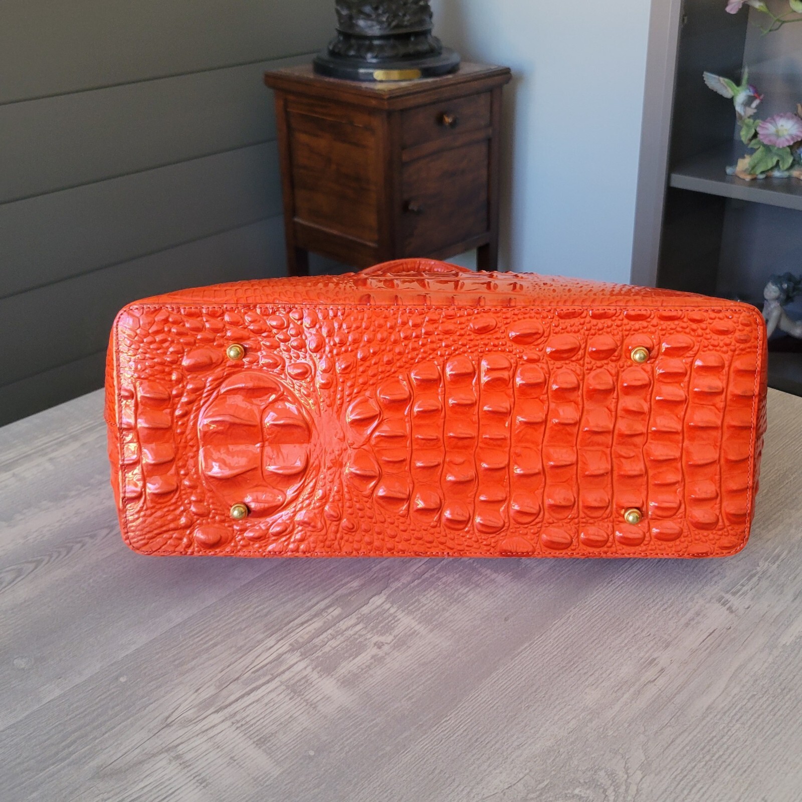 Brahmin Anytime Tote Glassy Melbourne Leather Expandable Large Orange Bag EUC