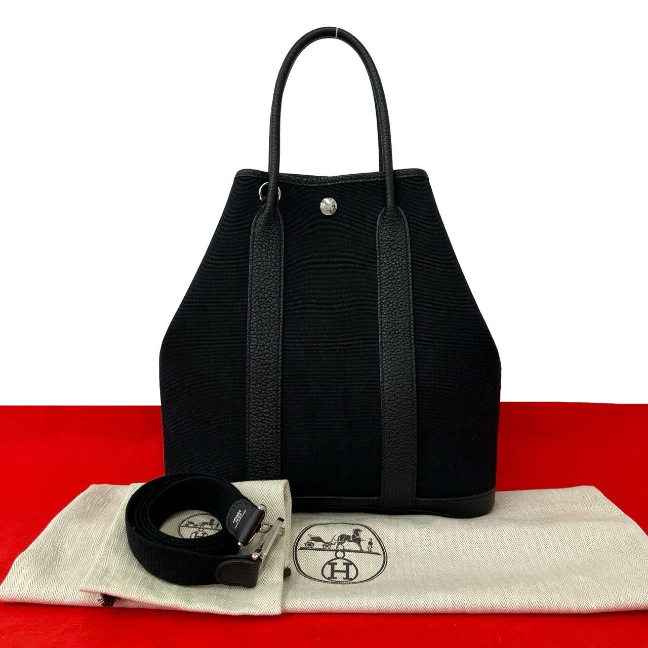 Hermes Garden File PM Handbag Shoulder Bag 11in Black Canvas Leather Z Stamp 99