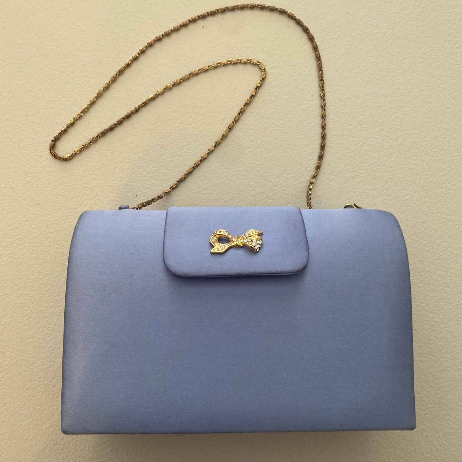 Stephanie Andrews Periwinkle Blue Shiny Evening Bag With Gold Tone Chain Strap