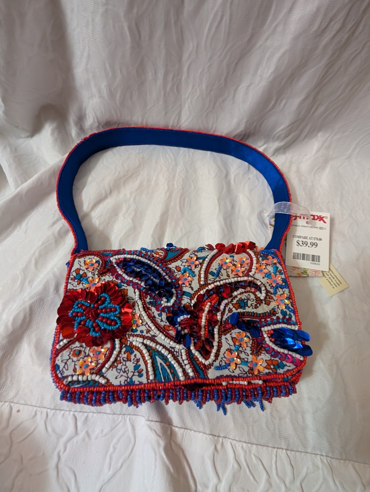 Beaded Sequin Floral Small Shoulder Bag Multicolor Blue Strap Zipper Fringe
