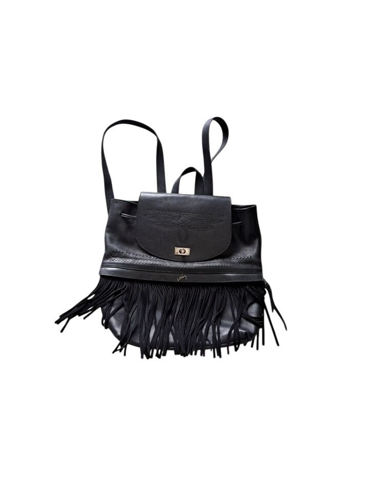 Valez Black Fringe Leather Backpack Embroidered Flap Turn-Lock Closure Large