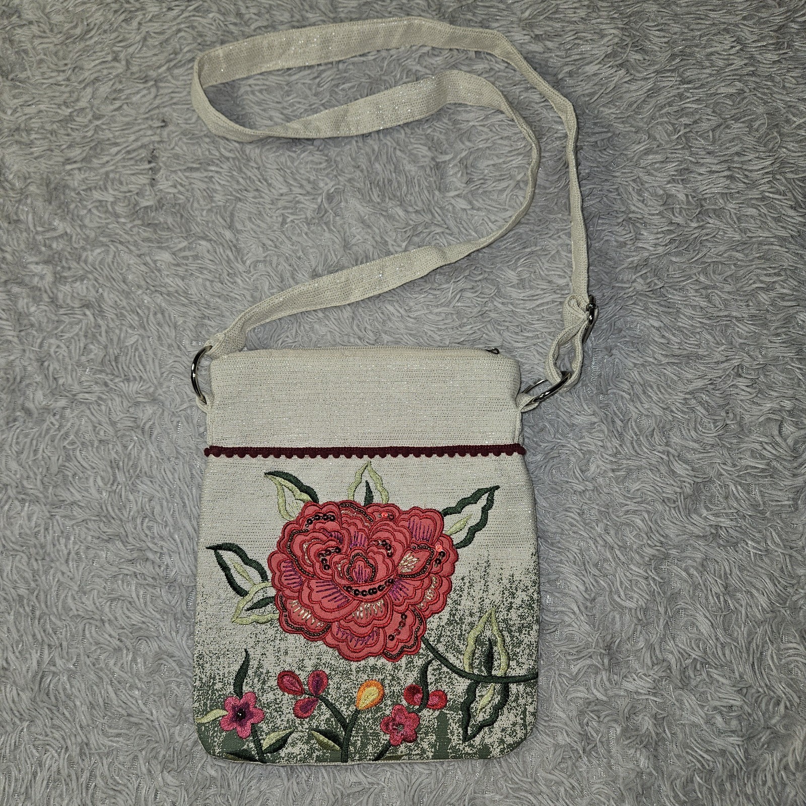 Embroidered Pink Rose Linen Crossbody Bag Purse Sequin Floral Metallic New