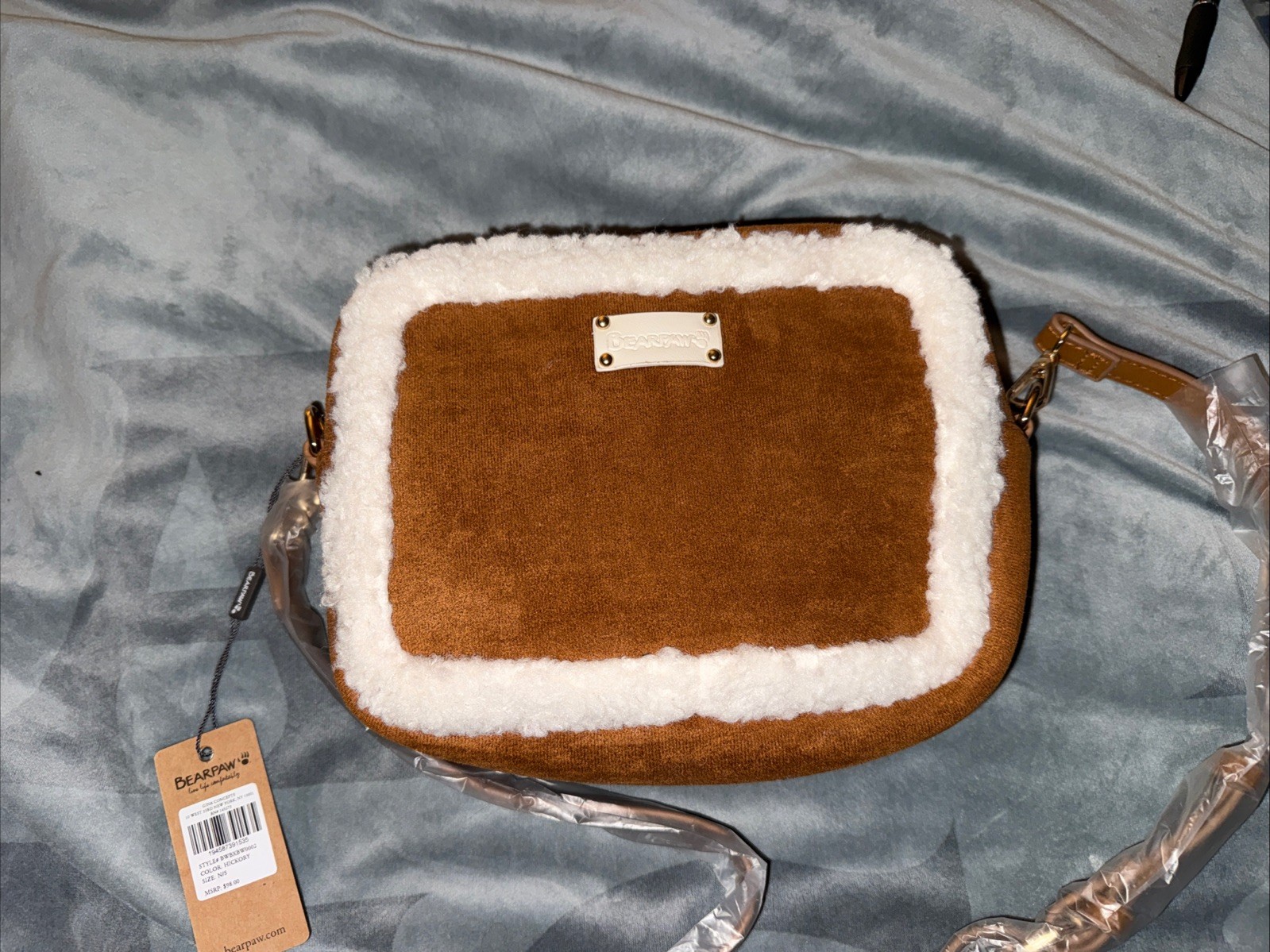 BearPaw Brown & Cream Crossbody Bag Zip Closure Faux Fur Trim Lined Gold