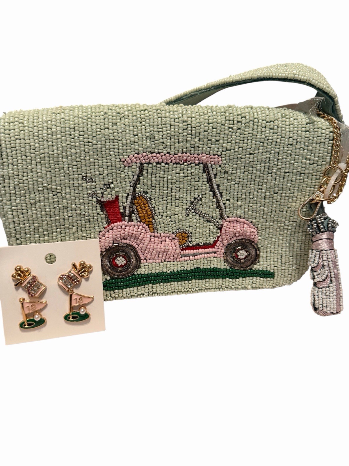 Viral Handcrafted Light Green Beaded Pink Golf Cart Shoulder Bag w/bag charm