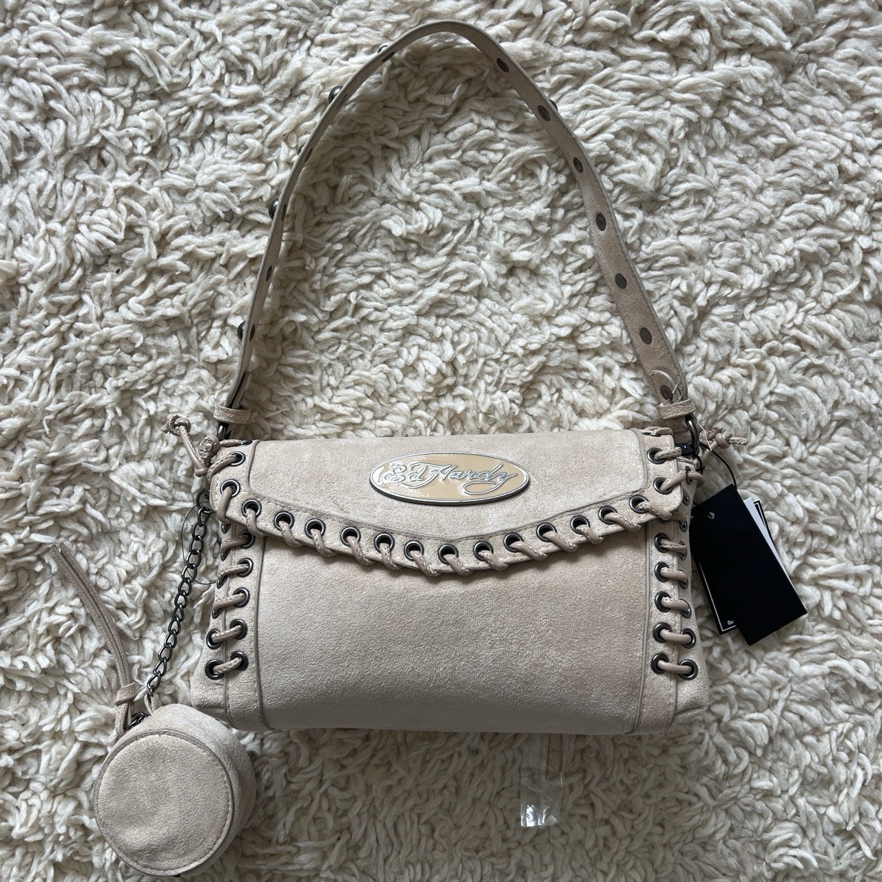 Ed Hardy Beige Suede Whipstitch Crossbody Bag w/ Coin Pouch Charm NWT
