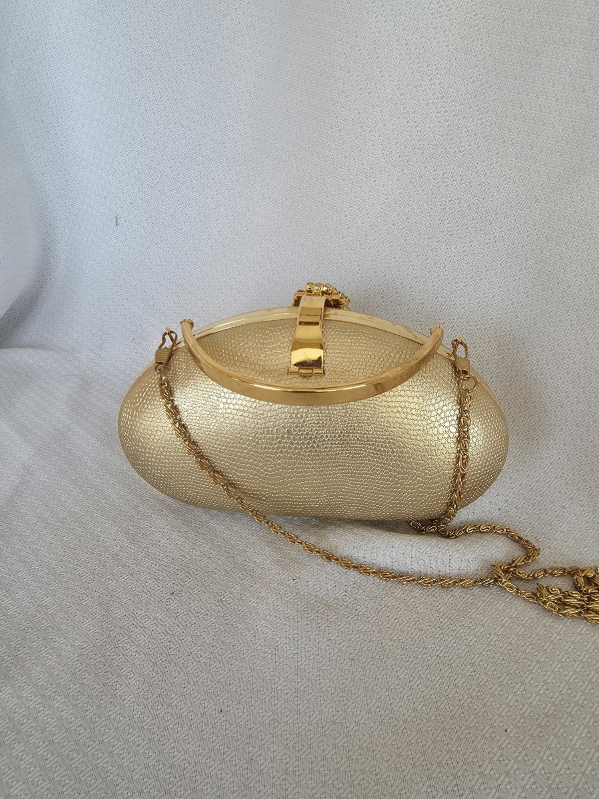 Gold Metalic Clutch Purse With Rhinestone Latch