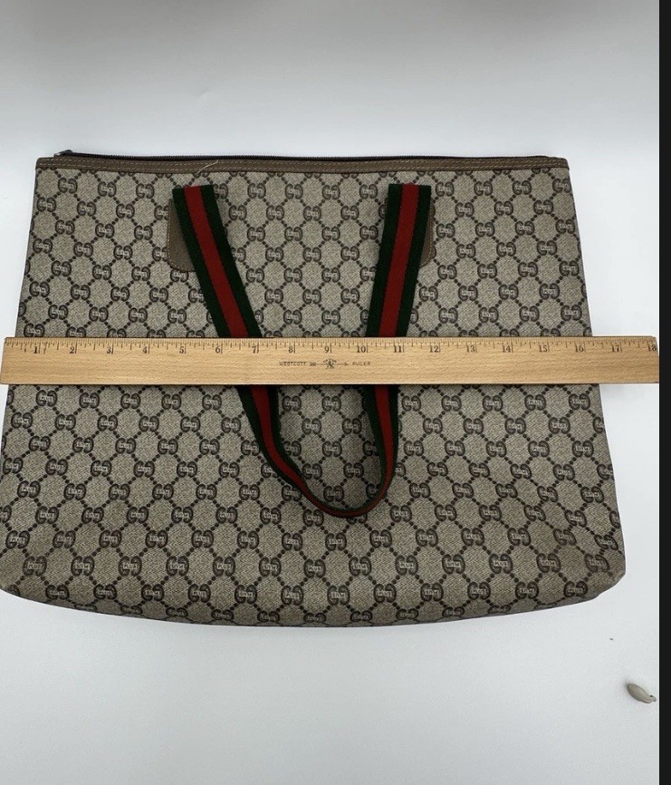 Vtg Gucci Beige Brown GG Canvas Zip-Top Tote Bag Green/Red Web Stripe Handles
