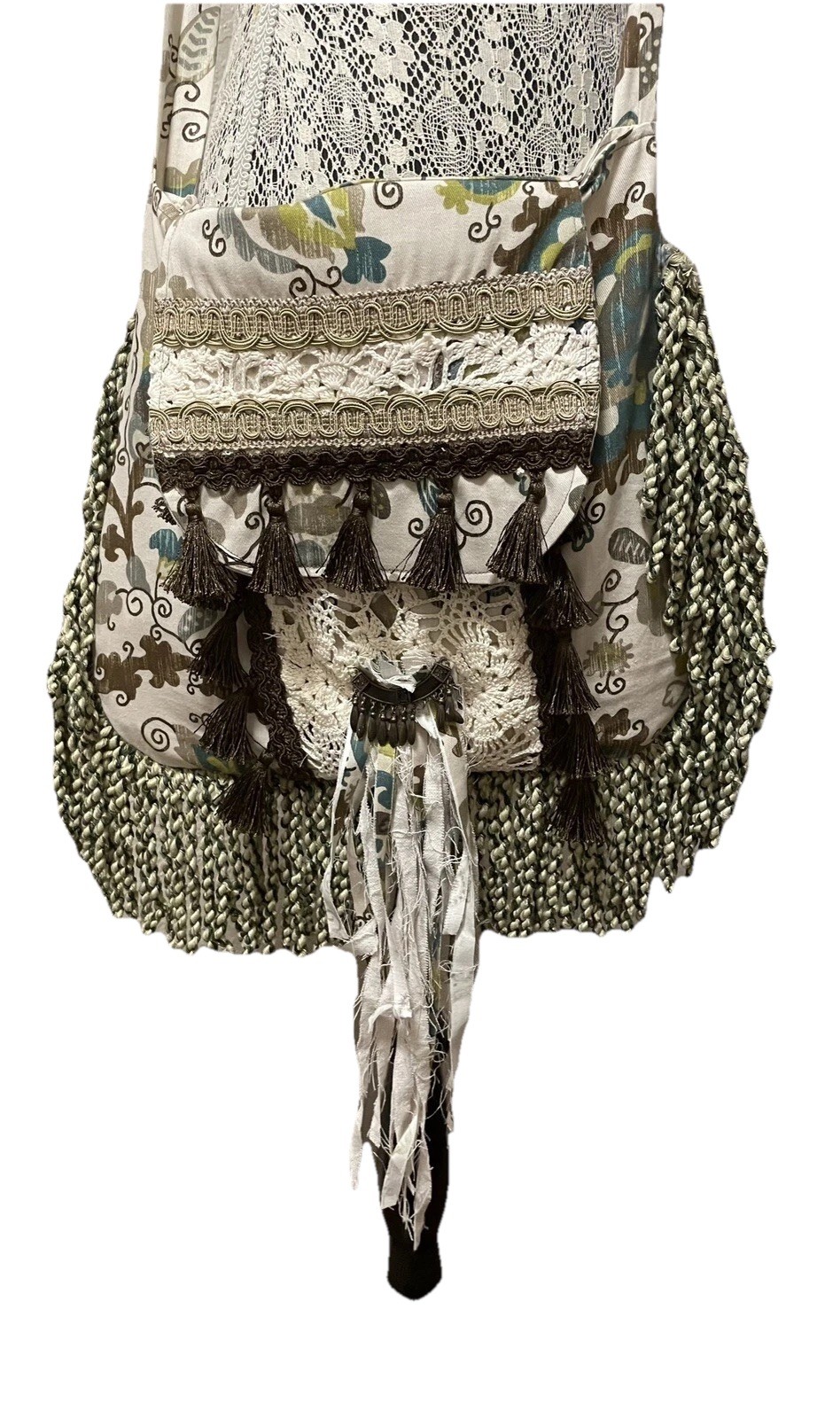 Boho Handmade Fringe Crossbody Messanger Bag Upcycle Lace Lined Snap Closure