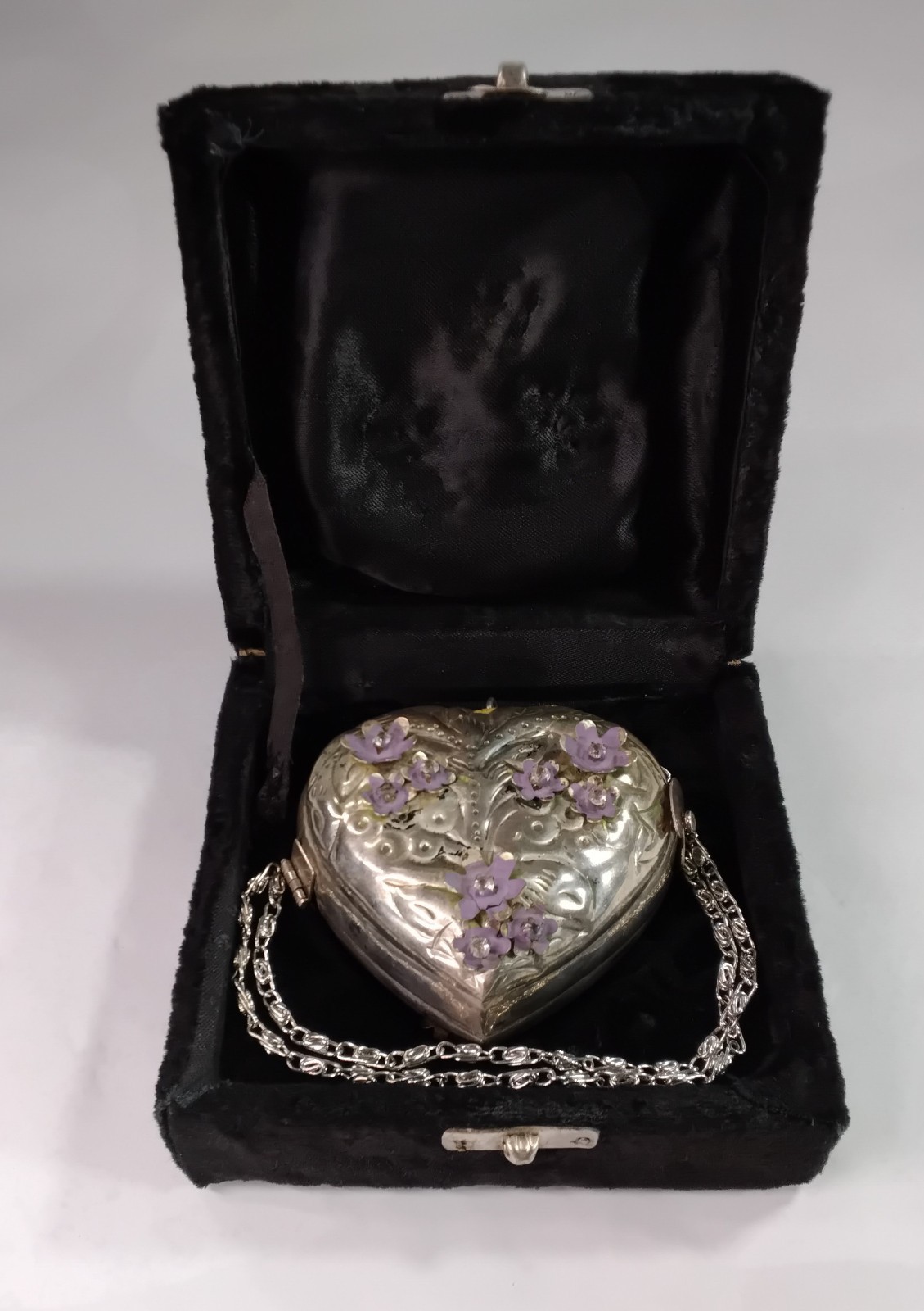 Vintage Hinged Embossed Heart Wristlet Box-Purse with Chain, Silver-Plated Brass