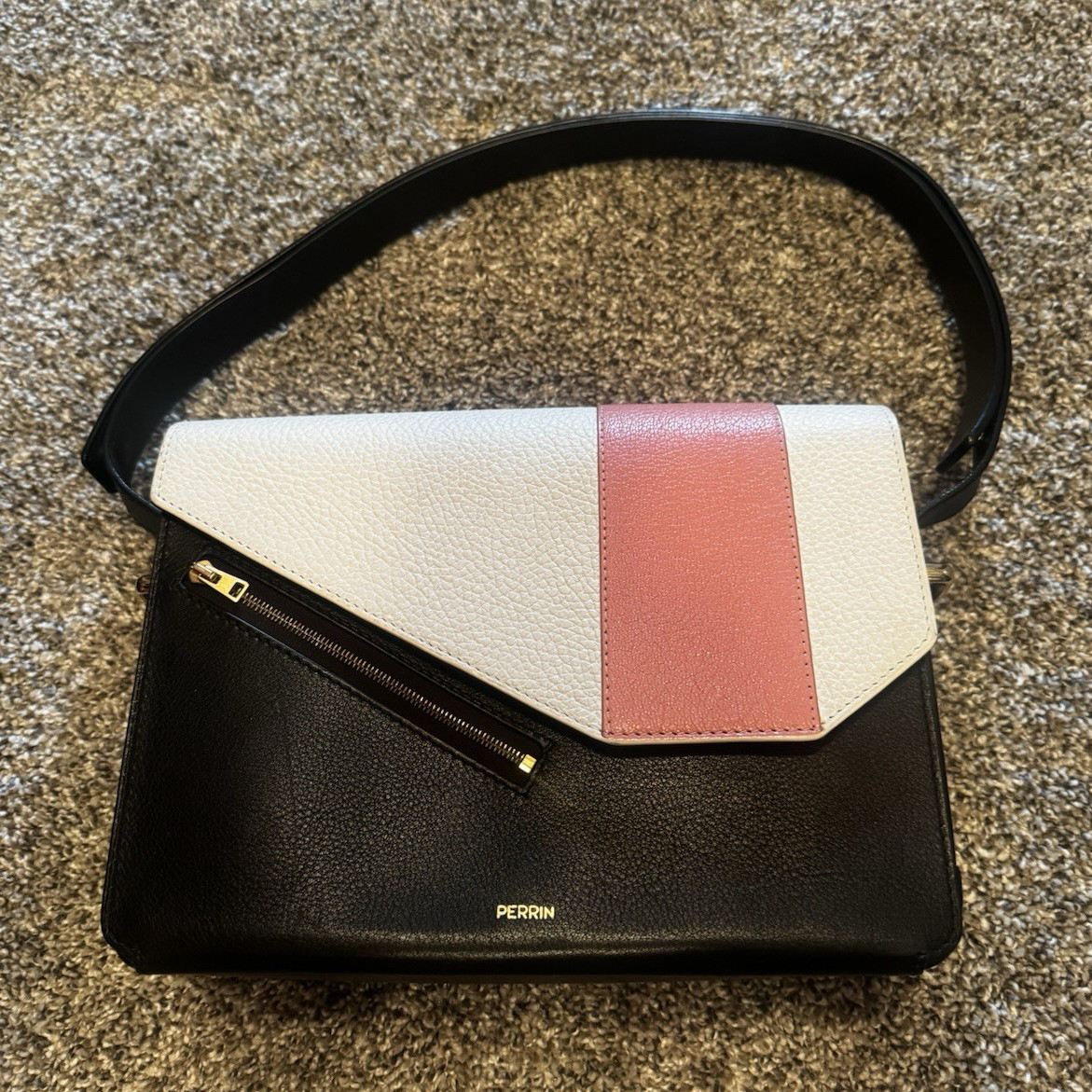 PERRIN Colorblock Shoulder Bag Black/White/Pink Snap Closure Gold Hardware