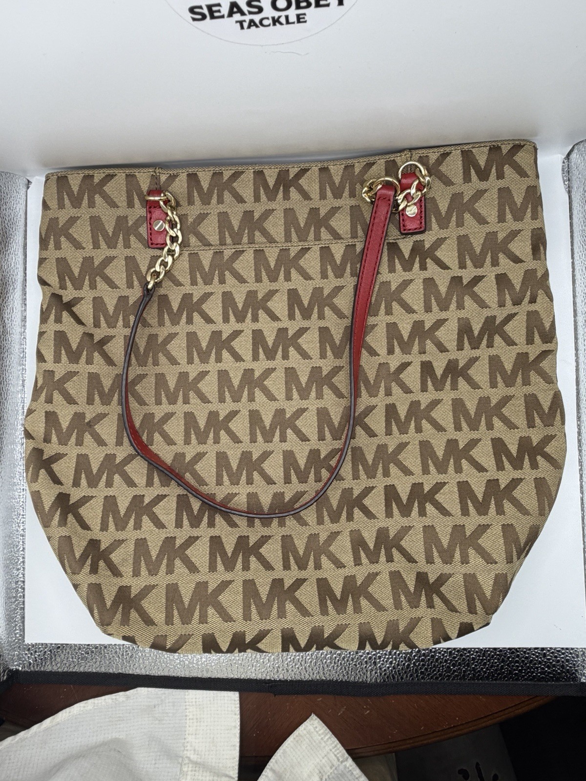 Michael Kors Logo Shoulder Bag Brown/Beige Red Strap Gold Chain Zip Detach