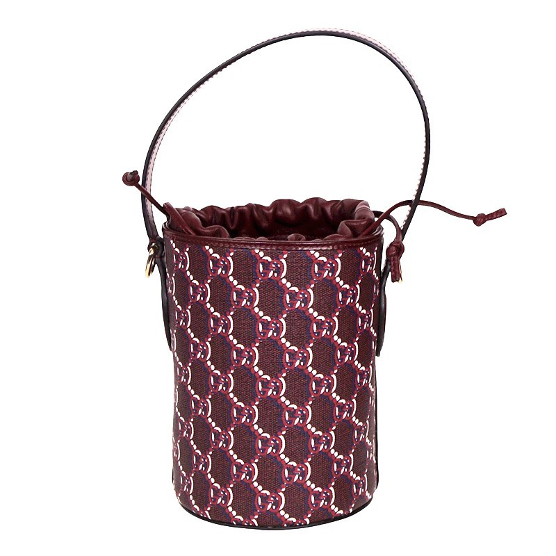 NEW $1,980 GUCCI Dark Red Rosso Ancora Coated Canvas GG SHADOW Mini BUCKET BAG